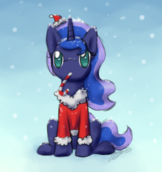 Size: 391x414 | Tagged: safe, artist:silviawinter, princess luna, alicorn, pony, candy, candy cane, clothes, costume, food, hat, looking at you, mouth hold, santa costume, santa hat, sitting, snow, solo