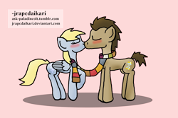 Size: 2209x1474 | Tagged: safe, artist:jrapcdaikari, derpy hooves, doctor whooves, pony, clothes, doctorderpy, kissing, male, scarf, shared clothing, shared scarf, shipping, stallion, straight