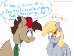 Size: 1199x901 | Tagged: safe, artist:buljong, derpy hooves, doctor whooves, pony, ask, ask doctor whooves, cute, derpabetes, doctorbetes, doctorderpy, female, fez, hat, male, necktie, shipping, stallion, straight, tumblr