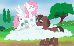 Size: 3840x2400 | Tagged: safe, artist:sweetblasphemy, oc, oc only, oc:cherry snow, oc:coarse stone, pegasus, pony, unicorn, cloud, commission, eyes closed, female, grass, male, mare, stallion, tree