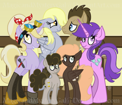 Size: 1000x860 | Tagged: safe, artist:magicandmysterygal, amethyst star, derpy hooves, dinky hooves, doctor whooves, sparkler, oc, oc:cinnamon vortex, oc:temporal bubble, pony, alternate hairstyle, bandana, clothes, doctorderpy, family, goggles, male, offspring, parent:derpy hooves, parent:doctor whooves, parents:doctorderpy, shipping, shoes, stallion, stockings, straight