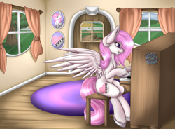 Size: 1567x1152 | Tagged: safe, artist:mintswirl, oc, oc only, oc:cherry snow, pegasus, pony, carpet, commission, door, female, mare, piano, sitting, solo, window