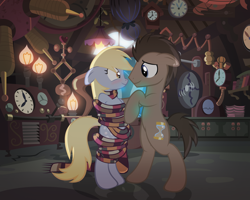 Size: 1600x1280 | Tagged: safe, alternate version, artist:radiantrealm, derpy hooves, doctor whooves, earth pony, pegasus, pony, slice of life (episode), accessory swap, adorasexy, blushing, bondage, clothes, cute, cute bondage, doctor whooves' lab, doctorderpy, female, floppy ears, fourth doctor's scarf, happy bondage, male, maledom, mare, now kiss, romance, scarf, sexy, shipping, show accurate, smiling, stallion, straight, tardis, wrapped up