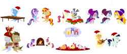 Size: 7800x3300 | Tagged: safe, artist:v0jelly, adagio dazzle, apple bloom, applejack, aria blaze, coloratura, derpy hooves, doctor whooves, moondancer, roseluck, scootaloo, sonata dusk, starlight glimmer, sunset shimmer, sweetie belle, trixie, twilight sparkle, twilight sparkle (alicorn), zecora, alicorn, earth pony, pony, zebra, acoustic guitar, annoyed, book, christmas, christmas ponies, christmas presents, clothes, cute, cutie mark crusaders, decerations, doctorderpy, eyes closed, female, flower, fourth doctor's scarf, guitar, hat, male, mare, microphone, poinsettia, pointy ponies, ponified, present, raindeer hat, rara, santa hat, scarf, scissors, shared clothing, shared scarf, shipping, simple background, singing, sleeping, straight, table, the dazzlings, transparent background, tree