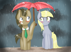 Size: 1650x1200 | Tagged: safe, artist:mojmojsanna, derpy hooves, doctor whooves, pegasus, pony, blushing, doctorderpy, female, grin, male, mare, rain, shipping, smiling, stallion, straight, umbrella