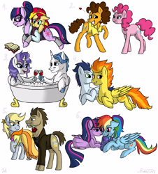 Size: 1850x2050 | Tagged: safe, artist:shimazun, cheese sandwich, derpy hooves, doctor whooves, fancypants, pinkie pie, rainbow dash, rarity, sci-twi, soarin', spitfire, sunset shimmer, twilight sparkle, twilight sparkle (alicorn), alicorn, earth pony, pegasus, pony, unicorn, alternate hairstyle, bath, bathtub, cheesepie, claw foot bathtub, clothes, cutie mark, doctorderpy, dress, female, flower, flower in mouth, lesbian, magical lesbian spawn, male, mare, mouth hold, offspring, parent:rainbow dash, parent:twilight sparkle, parents:twidash, prone, raripants, rose, scitwishimmer, shipping, soarinfire, straight, sunsetsparkle, twidash, unicorn sci-twi