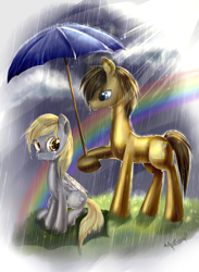 Size: 950x1300 | Tagged: safe, artist:aquagalaxy, derpy hooves, doctor whooves, pegasus, pony, crying, doctorderpy, female, male, mare, rain, rainbow, shipping, straight, umbrella