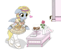 Size: 580x483 | Tagged: safe, artist:avchonline, derpy hooves, doctor whooves, pony, ballet, ballet slippers, bipedal, canterlot royal ballet academy, clothes, doctorderpy, female, floppy ears, flower, food, hair accessory, heart, male, muffin, pantyhose, rose, shipping, shoes, skirt, straight, table, tutu