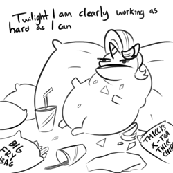 Size: 1080x1080 | Tagged: safe, artist:tjpones, starlight glimmer, pony, unicorn, blatant lies, chips, fat, food, grayscale, implied twilight sparkle, monochrome, obese, pillow, slob, soda, solo, starlard glimmer