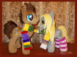 Size: 4120x3056 | Tagged: safe, artist:mlpt-fan, derpy hooves, doctor whooves, pegasus, pony, clothes, cute, doctorderpy, female, irl, male, mare, photo, plushie, scarf, shipping, socks, straight, striped socks