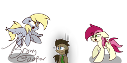 Size: 4000x2000 | Tagged: safe, artist:lynchristina, derpy hooves, doctor whooves, roseluck, pegasus, pony, doctorderpy, doctorrose, female, male, mare, nervous, redraw, rivalry, shipping, shipping war, straight