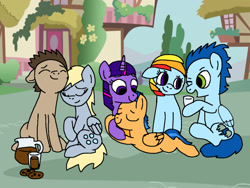 Size: 1280x960 | Tagged: safe, artist:thidanisas, derpy hooves, doctor whooves, flash sentry, rainbow dash, soarin', twilight sparkle, pegasus, pony, coffee, cookie, doctorderpy, eyes closed, female, flashlight, food, hug, male, mare, shipping, soarindash, straight