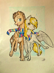 Size: 2841x3884 | Tagged: safe, artist:alicjaspring, derpy hooves, doctor whooves, pegasus, pony, blushing, clothes, doctorderpy, female, male, mare, scarf, shipping, straight, tongue out, traditional art