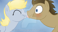 Size: 600x337 | Tagged: safe, artist:kunomasu, derpy hooves, doctor whooves, pegasus, pony, doctorderpy, female, licking, male, mare, obtrusive watermark, shipping, straight, tongue out, watermark