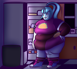 Size: 1800x1630 | Tagged: safe, artist:sweetslugslime, sonata dusk, better together, equestria girls, find the magic, sunset's backstage pass!, bbw, belly, big belly, breasts, butter, checkered floor, clothes, commission, converse, curtain, double chin, fat, food, hand on hip, kitchen, light, lighting, morbidly obese, night, obese, ponytail, raised eyebrow, refrigerator, shoes, sink, smiling, socks, solo, sonata bust, sonatubby, ssbbw, taco dress, thighs, thunder thighs, tight clothing, trash can, window