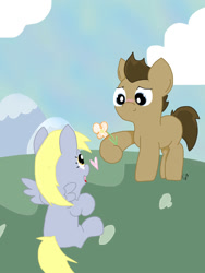 Size: 1500x2000 | Tagged: safe, artist:kalie0216, derpy hooves, doctor whooves, blank flank, blushing, colt, crush, doctorderpy, filly, flower, heart, male, shipping, straight, younger