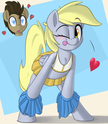 Size: 1740x2000 | Tagged: safe, artist:january3rd, derpy hooves, doctor whooves, pegasus, pony, blushing, bra on pony, cheerleader, chest fluff, clothes, cute, derpabetes, doctorderpy, female, heart, heart eyes, male, mare, midriff, one eye closed, pom pom, shipping, skirt, sports bra, straight, wingding eyes, wink