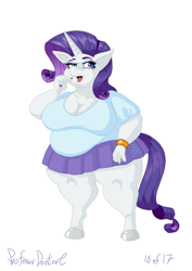 Size: 800x1131 | Tagged: safe, artist:professordoctorc, rarity, anthro, unguligrade anthro, series:r is for rarity, bbw, bracelet, breasts, clothes, fat, jewelry, morbidly obese, nail polish, obese, raritits, simple background, skirt, white background