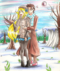 Size: 1601x1888 | Tagged: safe, artist:hopelessromantic721, derpy hooves, doctor whooves, human, clothes, converse, doctorderpy, forest, hug, hug from behind, humanized, male, shipping, shoes, snow, straight, traditional art, winter