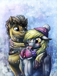 Size: 3000x4000 | Tagged: safe, artist:lupiarts, derpy hooves, doctor whooves, pegasus, pony, blushing, candy, candy cane, chest fluff, clothes, doctorderpy, female, food, hat, licking, male, mare, scarf, shipping, snow, snowfall, socks, straight, tongue out