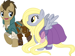 Size: 1501x1137 | Tagged: safe, artist:cloudyglow, derpy hooves, doctor whooves, pegasus, pony, alternate hairstyle, bag, blonde, boots, clothes, clothes swap, cosplay, costume, crossover, cute, disney, doctorbetes, doctorderpy, dress, female, flynn rider, long mane, male, mare, rapunzel, shipping, shirt, simple background, straight, tangled (disney), transparent background, vector