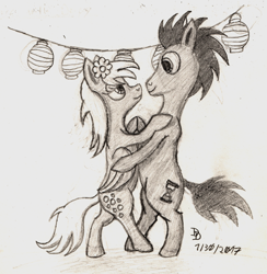 Size: 1600x1638 | Tagged: safe, artist:darkdabula, derpy hooves, doctor whooves, pony, bipedal, dancing, doctorderpy, flower, flower in hair, lantern, male, monochrome, shipping, straight, traditional art