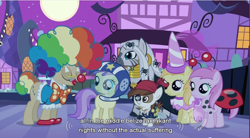 Size: 856x473 | Tagged: safe, screencap, alula, mayor mare, noi, pipsqueak, piña colada, zecora, earth pony, pony, zebra, luna eclipsed, applecore, colt, male, youtube caption