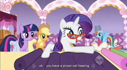 Size: 854x474 | Tagged: safe, derpibooru import, edit, edited screencap, screencap, applejack, rainbow dash, rarity, twilight sparkle, earth pony, pegasus, pony, unicorn, suited for success, bag, caption, female, glasses, mare, measuring tape, rarity's glasses, saddle bag, youtube caption