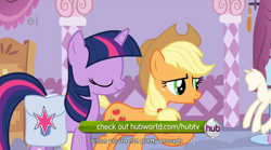 Size: 852x474 | Tagged: safe, derpibooru import, screencap, applejack, twilight sparkle, earth pony, pony, unicorn, female, horn, mare, youtube caption