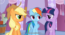 Size: 854x470 | Tagged: safe, derpibooru import, edit, edited screencap, screencap, applejack, rainbow dash, twilight sparkle, earth pony, pegasus, pony, caption, implied farting, youtube caption