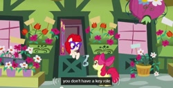 Size: 640x328 | Tagged: safe, edit, edited screencap, screencap, apple bloom, twist, call of the cutie, caption, fourth wall, youtube caption