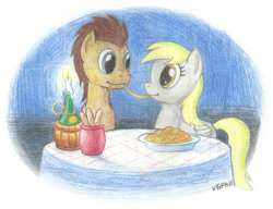 Size: 975x750 | Tagged: safe, artist:videogamer-phil, derpy hooves, doctor whooves, earth pony, pegasus, pony, :t, candle, cute, doctorderpy, eating, eye contact, female, food, lady and the tramp, looking at each other, male, mare, pasta, shipping, smiling, spaghetti, spaghetti scene, stallion, straight, table, traditional art