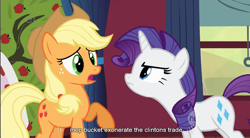 Size: 856x473 | Tagged: safe, derpibooru import, screencap, applejack, rarity, earth pony, pony, unicorn, bill clinton, youtube caption