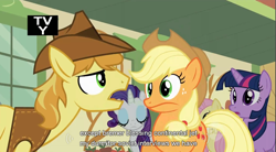 Size: 856x472 | Tagged: safe, derpibooru import, screencap, applejack, braeburn, fluttershy, rarity, twilight sparkle, earth pony, pegasus, pony, unicorn, over a barrel, hub logo, tv rating, wat, youtube caption