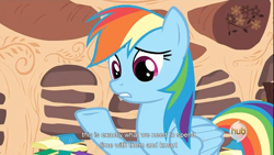 Size: 1366x768 | Tagged: safe, derpibooru import, screencap, rainbow dash, pegasus, pony, female, golden oaks library, hub logo, kmart, mare, solo, youtube, youtube caption, youtube link