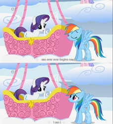 Size: 1366x1498 | Tagged: safe, derpibooru import, screencap, rainbow dash, rarity, pegasus, pony, unicorn, sonic rainboom (episode), bad end, duo, ei, female, get, hot air balloon, hub logo, mare, repdigit milestone, wing wishes, youtube caption, youtube link