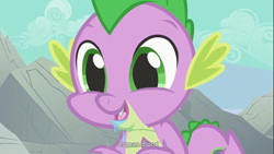 Size: 1366x768 | Tagged: safe, edit, edited screencap, screencap, spike, dragon, human, a dog and pony show, animation error, caption, drool, human blood, male, mlp-captions, solo, youtube caption