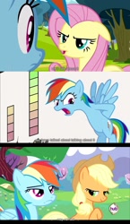 Size: 1280x2210 | Tagged: safe, derpibooru import, screencap, applejack, fluttershy, rainbow dash, earth pony, pegasus, pony, female, hub logo, mare, youtube caption