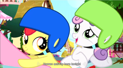 Size: 854x474 | Tagged: safe, derpibooru import, edit, edited screencap, screencap, apple bloom, pinkie pie, sweetie belle, earth pony, pony, unicorn, female, filly, helmet, mare, youtube caption