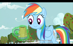 Size: 768x480 | Tagged: safe, derpibooru import, screencap, rainbow dash, pegasus, pony, the super speedy cider squeezy 6000, cider, magic, youtube caption