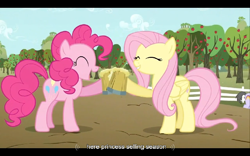 Size: 768x480 | Tagged: safe, derpibooru import, screencap, fluttershy, pinkie pie, earth pony, pegasus, pony, the super speedy cider squeezy 6000, cider, eyes closed, youtube caption