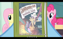 Size: 768x480 | Tagged: safe, derpibooru import, screencap, fluttershy, pinkie pie, earth pony, pegasus, pony, read it and weep, youtube caption