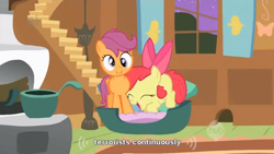 Size: 634x358 | Tagged: safe, screencap, apple bloom, scootaloo, stare master, derp, ei, hub logo, terrorist, youtube caption