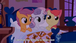 Size: 586x332 | Tagged: safe, edit, edited screencap, screencap, apple bloom, scootaloo, sweetie belle, pony, unicorn, stare master, bed, caption, ei, female, filly, hub logo, implied kissing, pillow, youtube caption