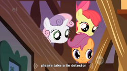 Size: 634x358 | Tagged: safe, screencap, apple bloom, scootaloo, sweetie belle, stare master, ei, hub logo, youtube caption