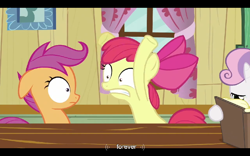 Size: 768x480 | Tagged: safe, screencap, apple bloom, scootaloo, sweetie belle, hearts and hooves day (episode), hearts and hooves day, youtube caption