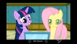 Size: 570x325 | Tagged: safe, derpibooru import, screencap, fluttershy, twilight sparkle, pegasus, pony, read it and weep, no excuse, youtube caption