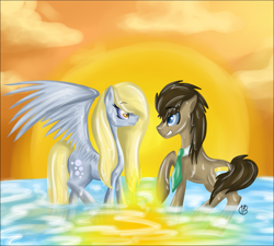 Size: 1333x1200 | Tagged: safe, artist:sevenada, derpy hooves, doctor whooves, pegasus, pony, doctorderpy, female, male, mare, shipping, straight, water, wet mane