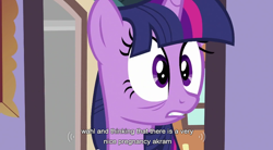 Size: 854x471 | Tagged: safe, screencap, twilight sparkle, pony, unicorn, female, mare, purple coat, solo, youtube caption