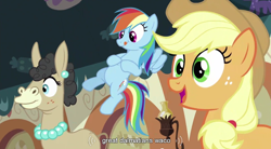 Size: 852x471 | Tagged: safe, derpibooru import, screencap, applejack, mulia mild, rainbow dash, earth pony, pegasus, pony, mmmystery on the friendship express, youtube caption